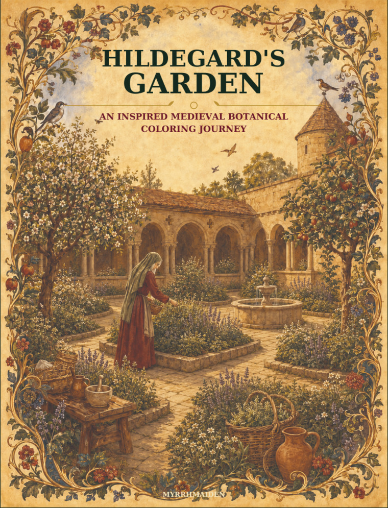 Cover of Hildegard's Garden, an inspired medieval botanical coloring journey